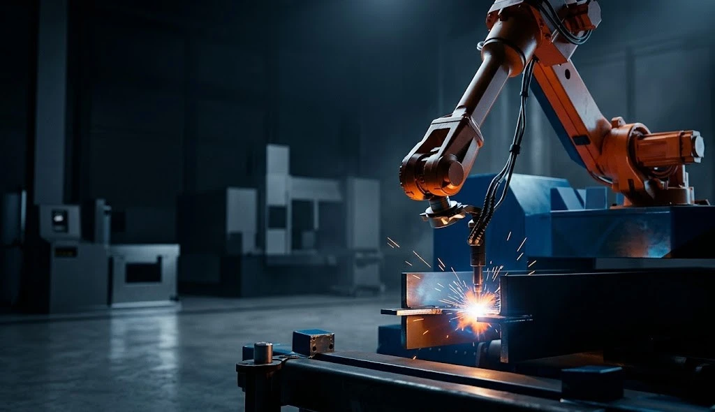 Bir metal parçada kaynak yapan endüstriyel robot